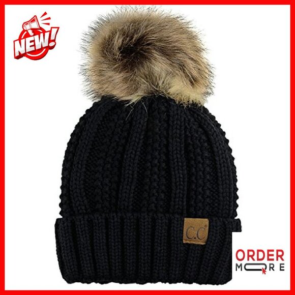 Fleece Lined Cable Knit Beanie with Faux Fur Pom - One Size